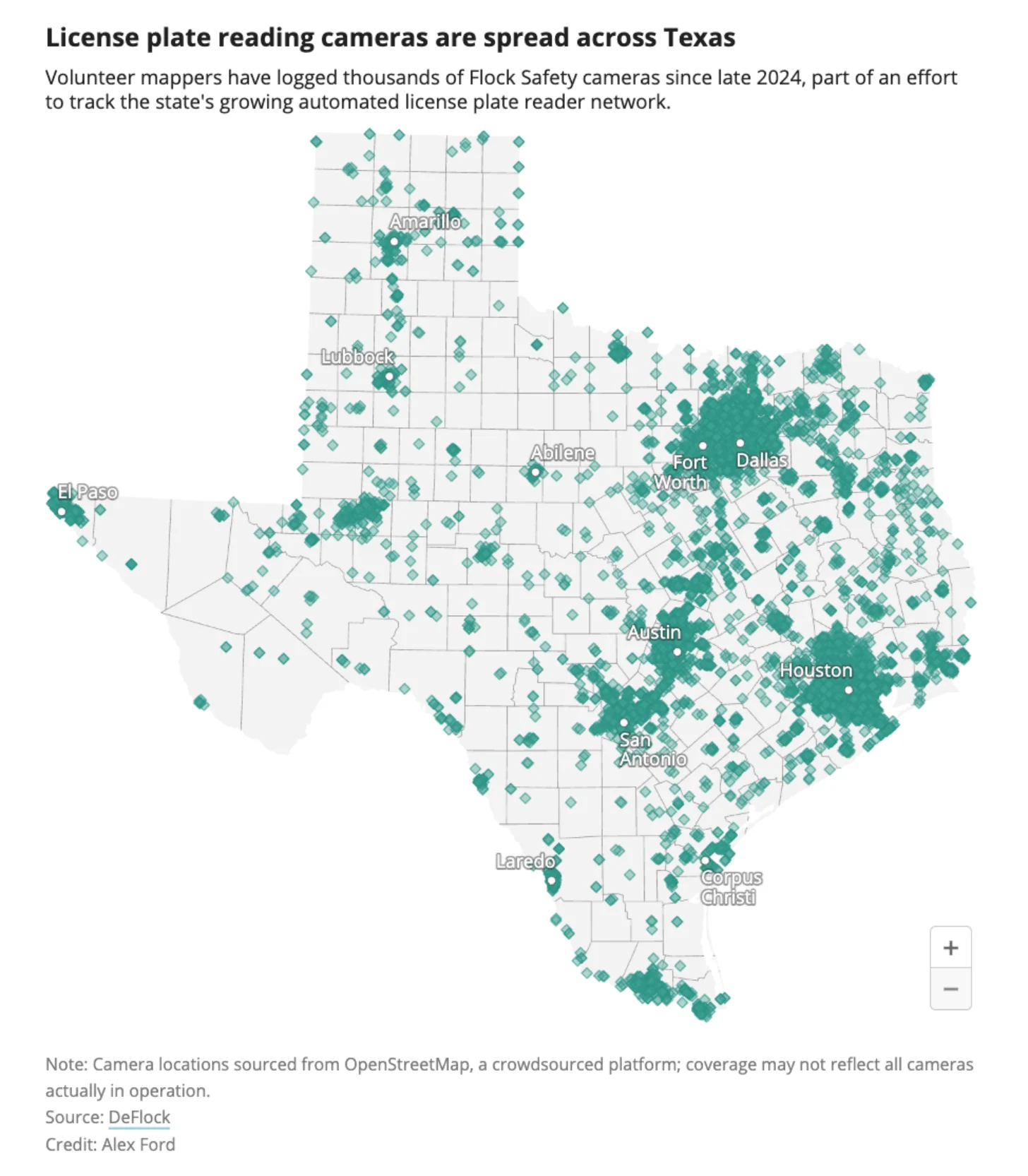 Map of Texas showing thousands of green diamond markers indicating locations of Flock Safety license plate reading cameras logged by volunteer mappers since late 2024, with heaviest concentrations around Dallas, Houston, Austin, and San Antonio.