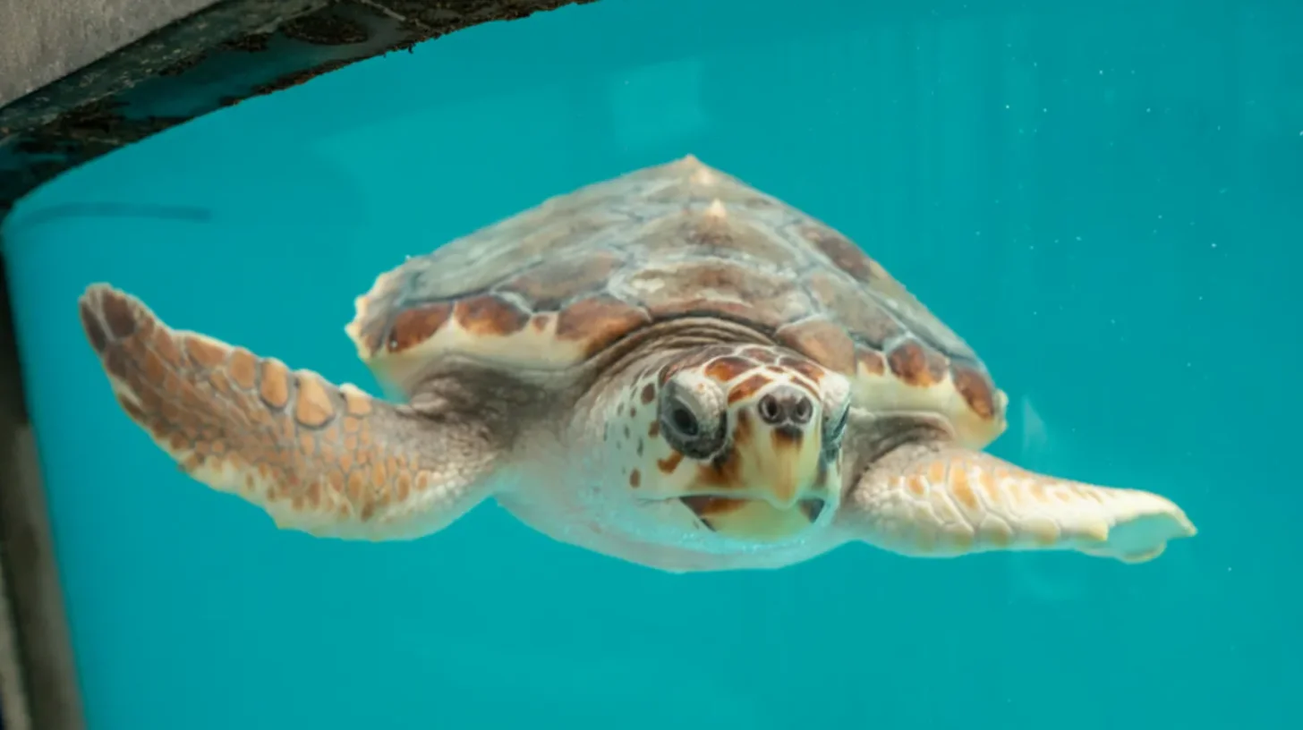 Sea turtle swimming underwater in turquoise water, viewed from above, with flippers extended and head facing toward the camera.