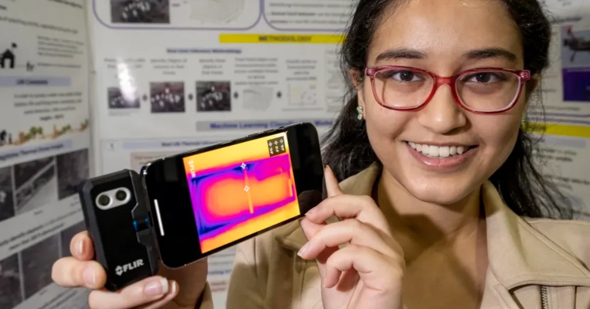 A young woman wearing red-framed glasses holds a thermal imaging camera displaying a colorful heat map on its screen. Research posters are visible on the wall behind her.