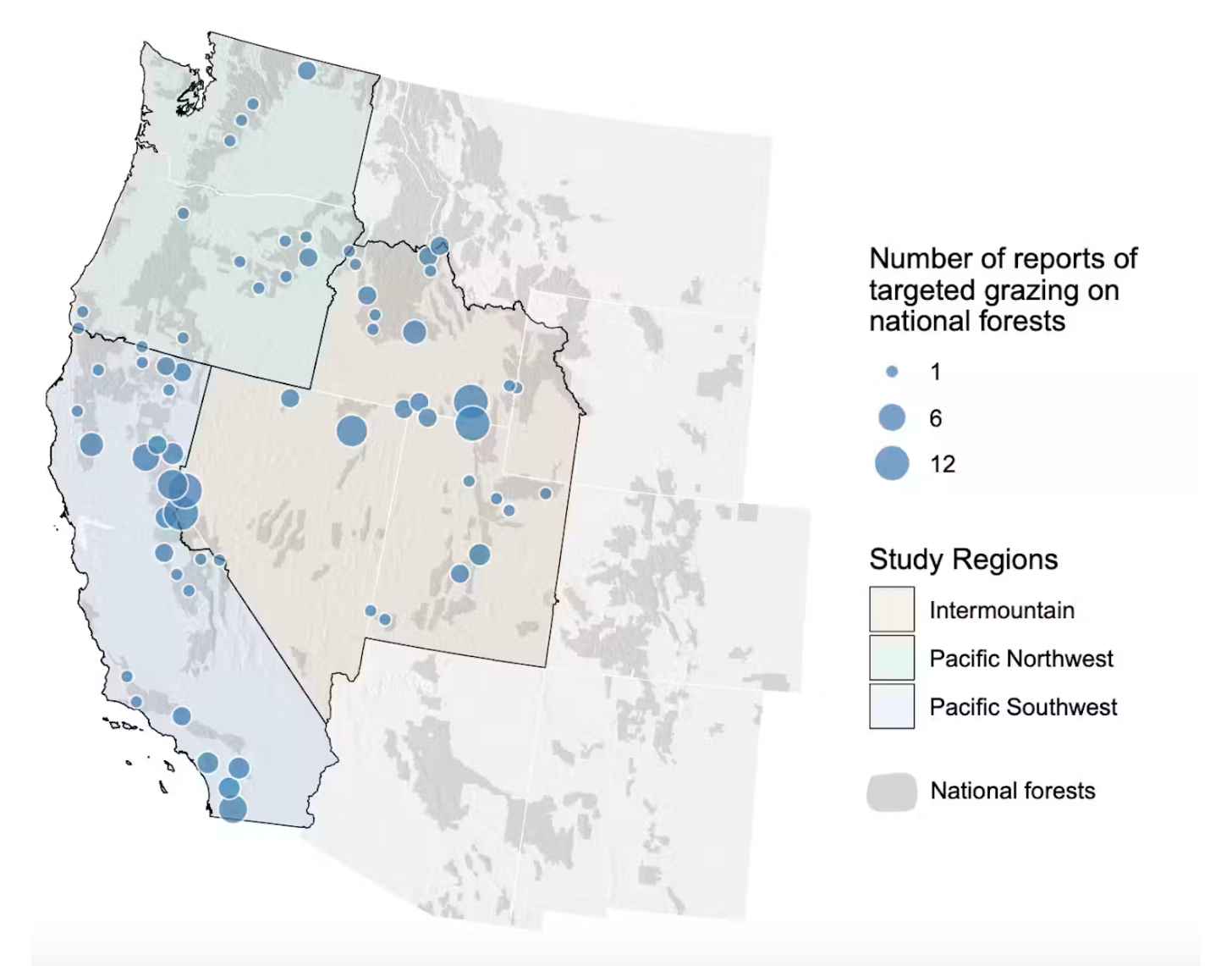 Ranger districts where targeted grazing has been reported on national forest land in the Pacific Southwest, Intermountain and Pacific Northwest regions of the U.S. Forest Service.