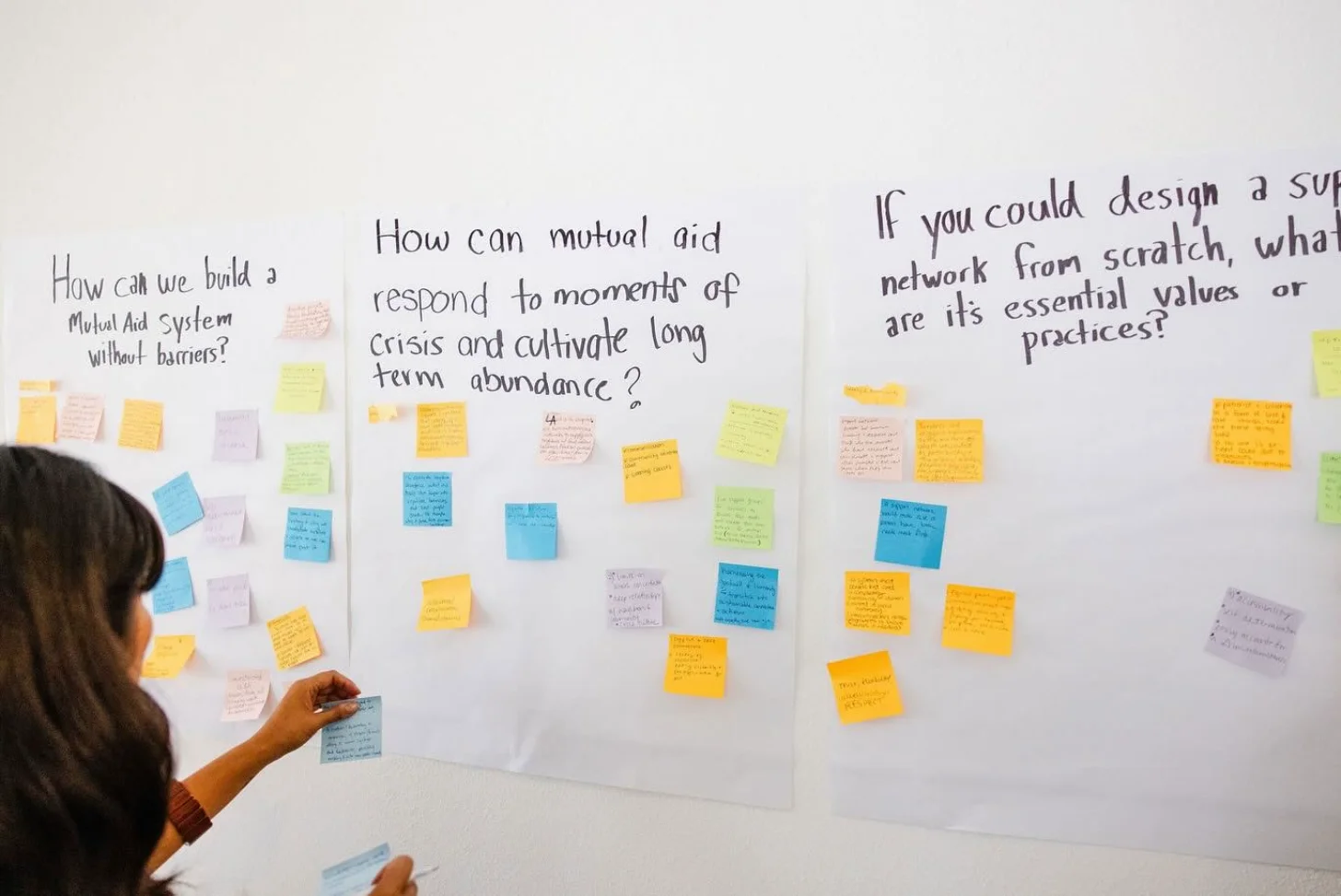 A person places a sticky note on a whiteboard covered with colorful notes. Three whiteboards display handwritten questions: "How can we build a Mutual Aid System without barriers?", "How can mutual aid respond to moments of crisis and cultivate long term abundance?", and "If you could design a support network from scratch, what are its essential values or practices?"