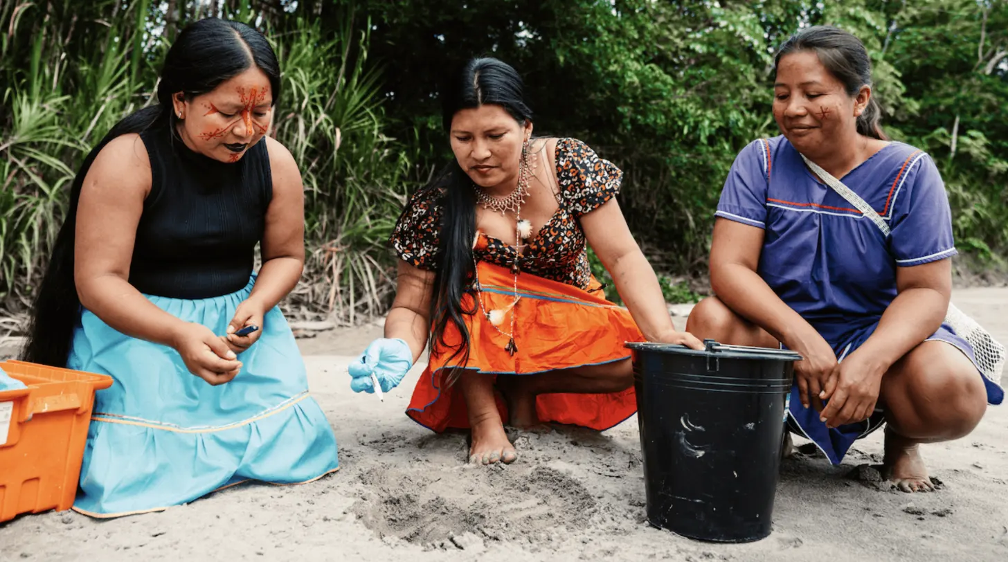 Three women crouch on sand examining a black container, with orange buckets nearby and tropical vegetation in the background.