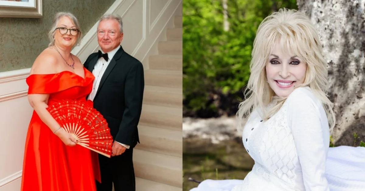 Left: Woman in red off-shoulder dress holding a red fan stands with man in black tuxedo indoors. Right: Dolly Parton, a woman with blonde wavy hair and bangs wearing white cardigan smiles at camera outdoors against tree bark.