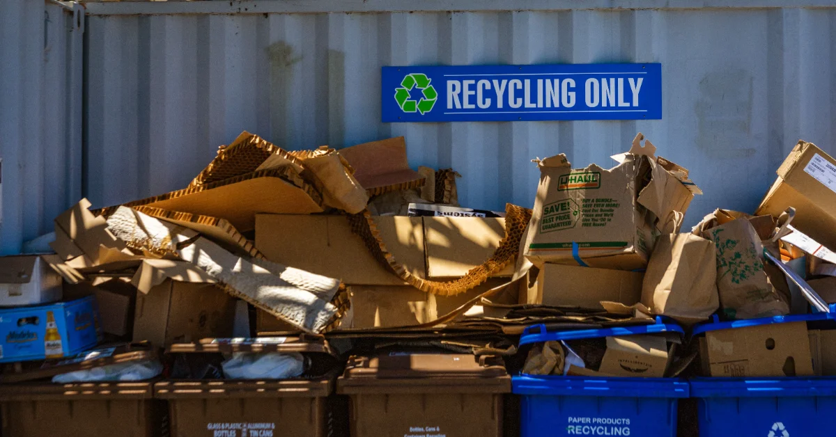 Corrugated cardboard boxes and crumpled cardboard sheets piled in blue recycling bins against a metal wall, with a blue "RECYCLING ONLY" sign displaying a green recycling symbol above.