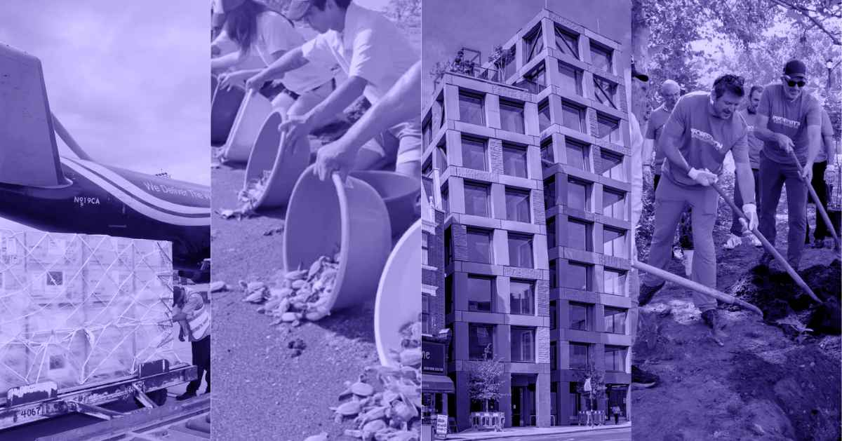 A photo collage of a man pushing a load of cargo, people releasing sea turtles into the ocean, a building made with volcanic rock exoskeleton, and two men digging a hole with shovels