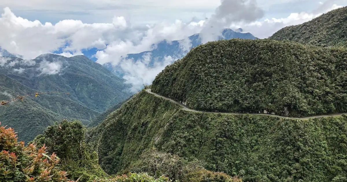 A winding mountain road cuts through densely forested hillsides with steep valleys below. Snow-capped peaks and white clouds are visible in the distant background.