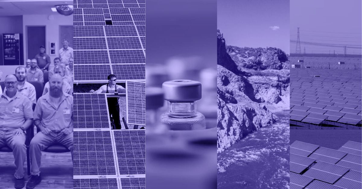 A photo collage of inmates seated and smiling at the camera, a man working with solar panels at a solar farm, vials of tuberculosis vaccines, a river, and a solar panel farm