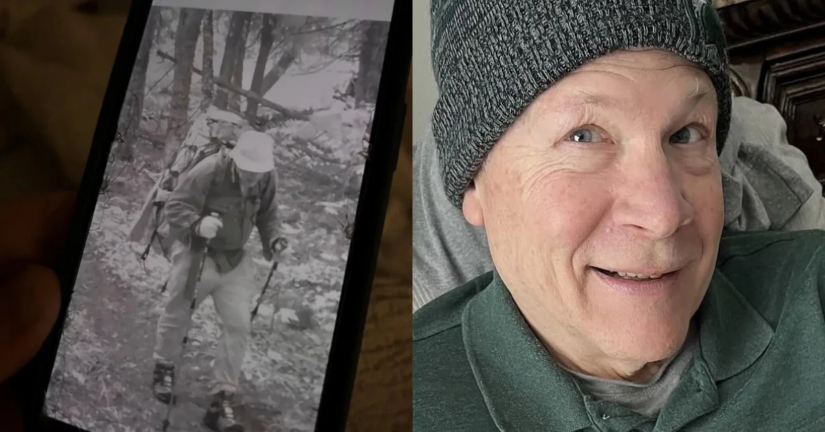 On the left, a black and white photograph displays a person standing outdoors in a wooded winter setting wearing a light-colored hat and dark jacket. On the right, an older person wearing a gray knit beanie and dark green shirt smiles at the camera.
