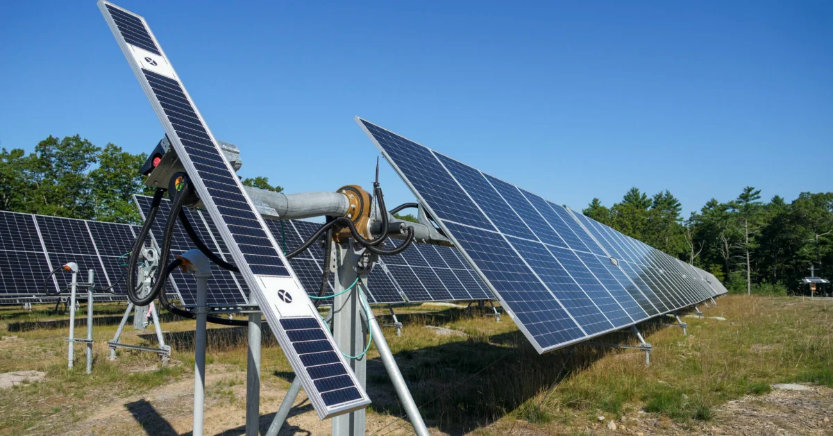 Solar panels mounted on tracking systems in a field, with mechanical equipment visible on the left panel and dense forest visible in the background under clear blue sky.