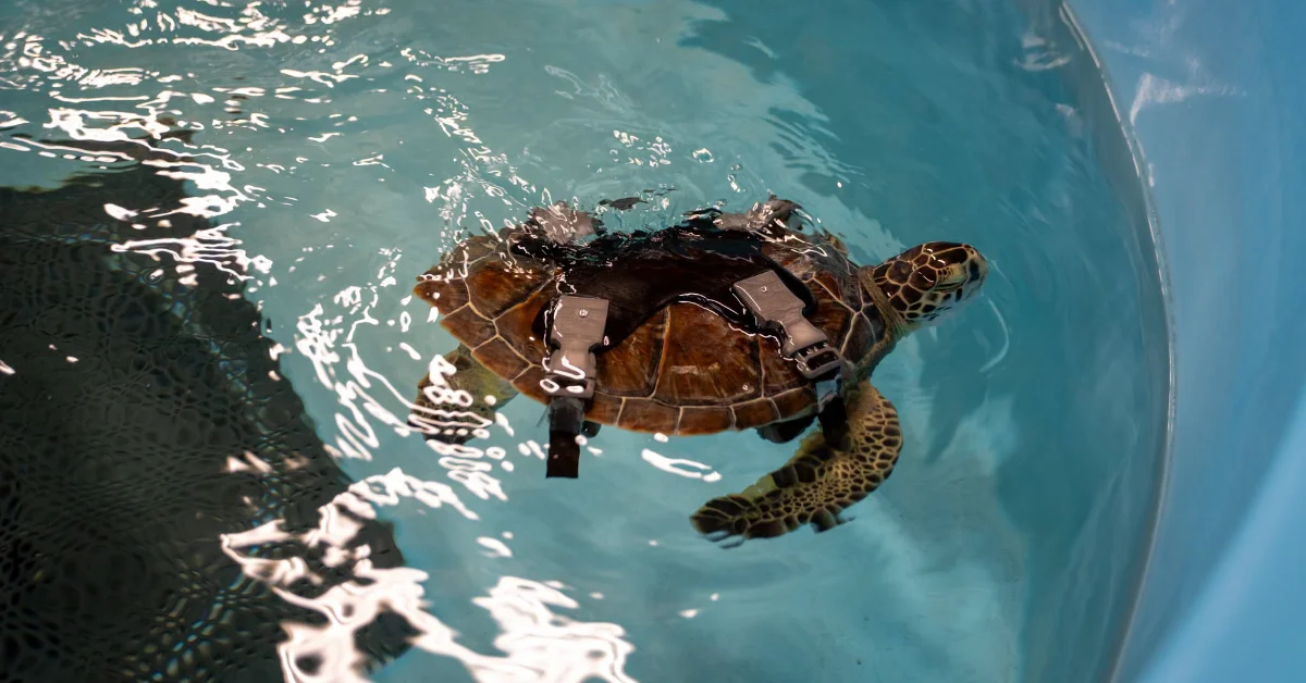 A sea turtle swims near the surface of clear turquoise water, wearing a floatation harness on its shell. The image is taken from above, showing the turtle's flippers extended as it moves through the water.