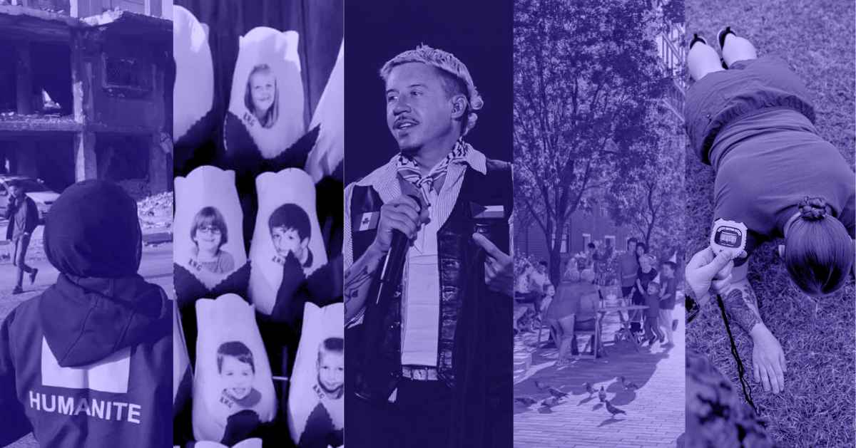 A photo collage of a person with their back to the camera with 'Humanite' on their hoodie, faces of children on printed onto paper flowers, Macklemore holding a mic while on stage, a family enjoys each other's company at an outdoor park, and a woman doing push-ups with a timer hovering above her