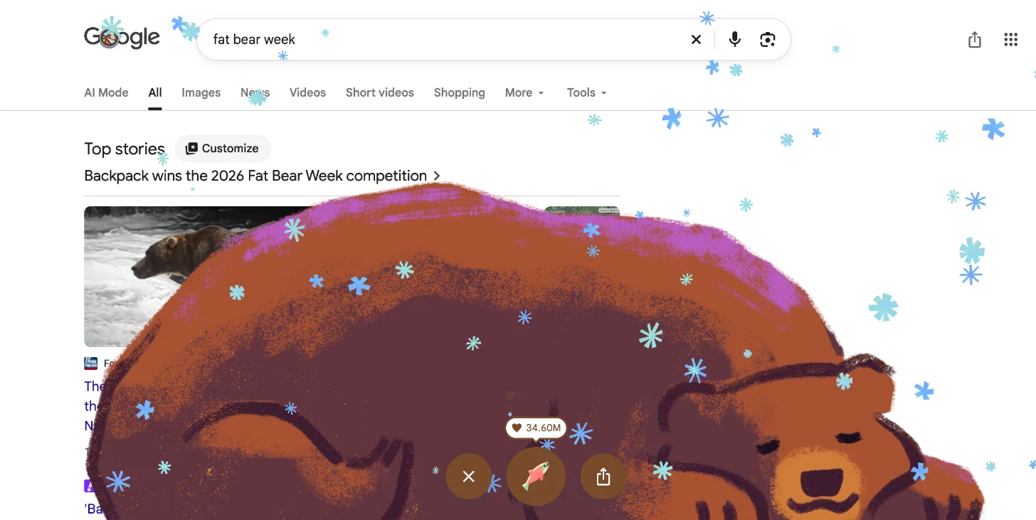 A stylized brown bear illustration with a dark face and closed eyes, decorated with blue snowflakes. The image shows 34.60M below the bear's center. A real bear is visible in the background on the left near water.
