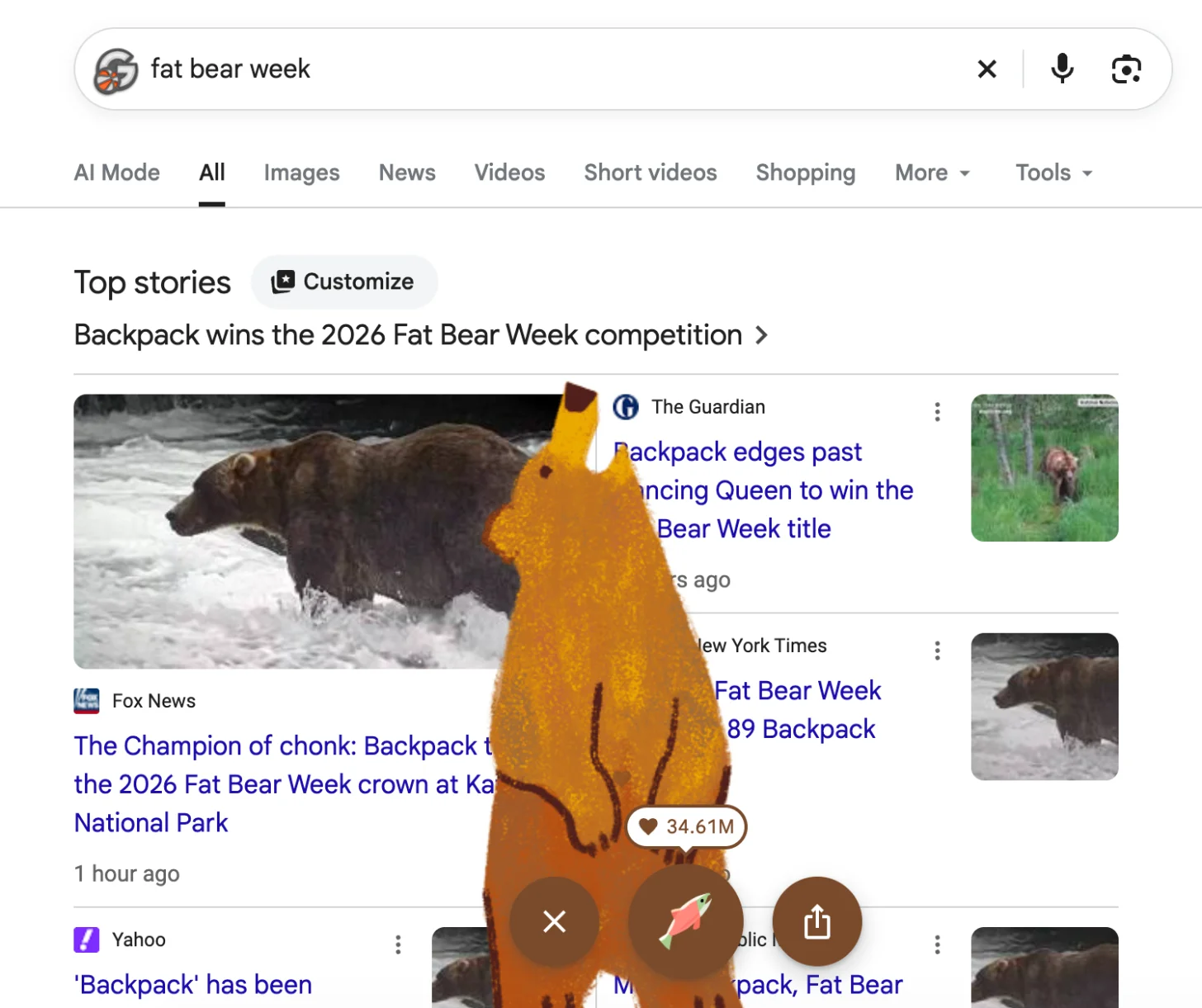 A yellow cartoon bear standing upright with a heart icon showing 34.61M likes, overlaid on a Google search results page for "fat bear week" displaying news articles about a bear named Backpack winning a 2026 competition.