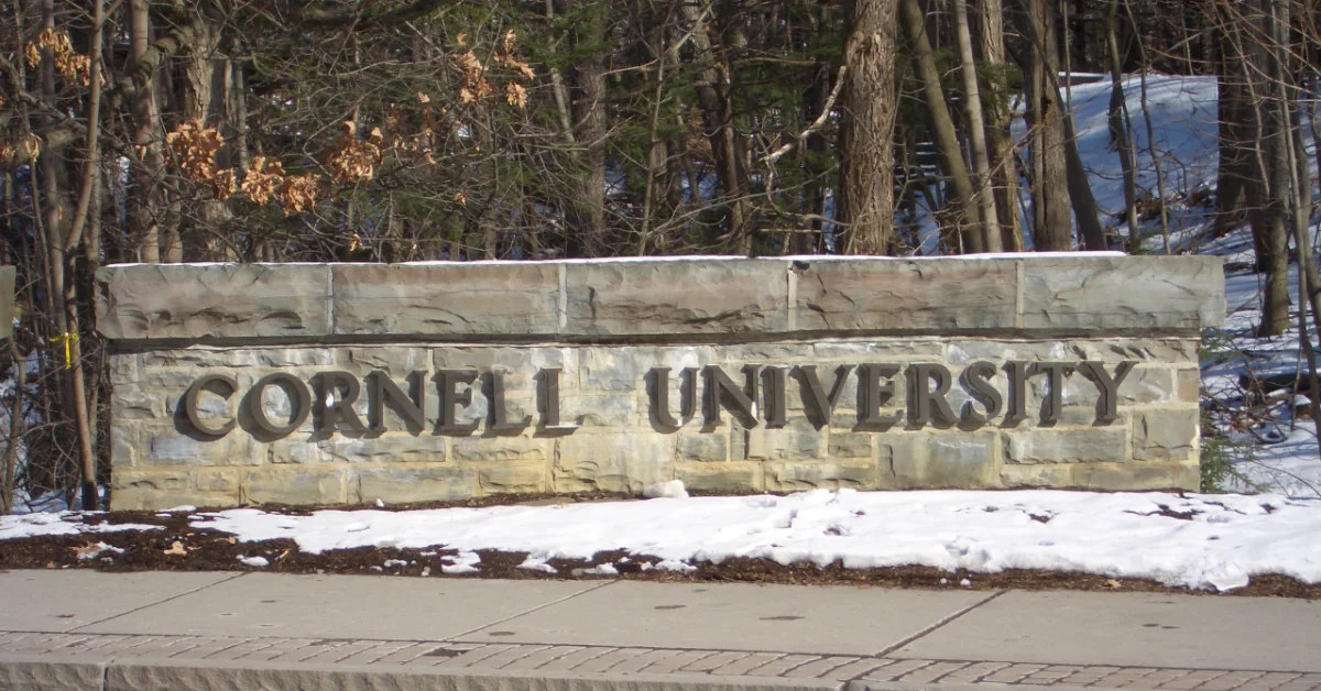 Stone sign reading "CORNELL UNIVERSITY" set into a wall, with bare trees and patches of snow visible in the background.