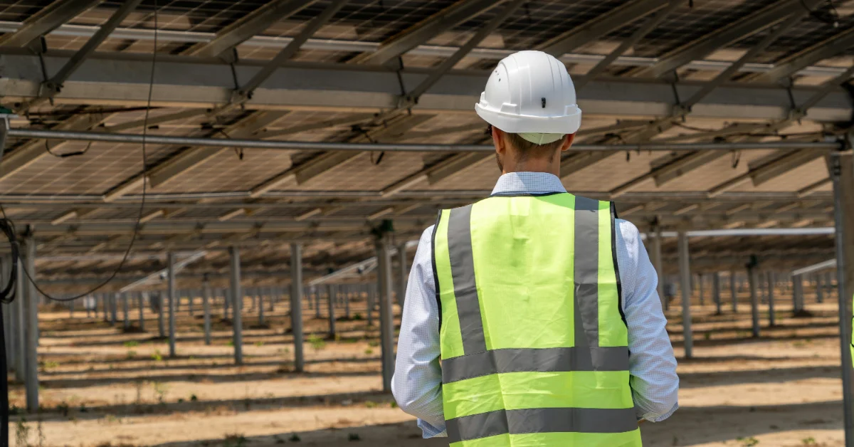Worker in hard hat and reflective safety vest stands inside a large solar panel installation, viewed from behind.