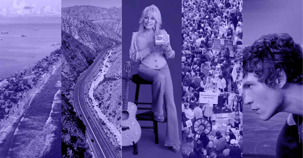 A photo collage of the ocean, a highway in between mountains, Dolly Parton, a crowd of people, and a man intensely looking to the side
