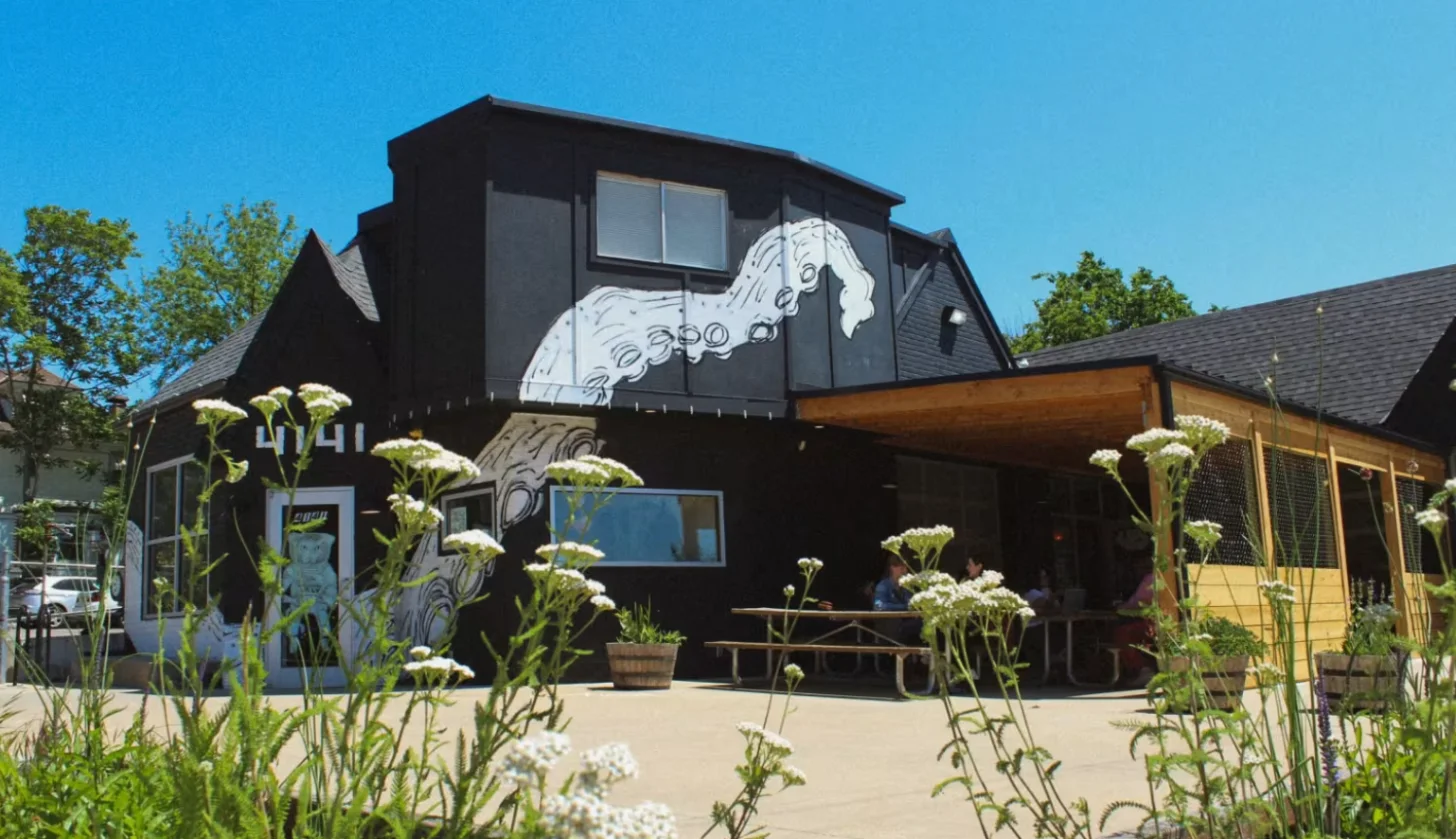 A black building with white octopus mural features wooden structures on either side, white flowering plants in the foreground, and trees against a clear blue sky.