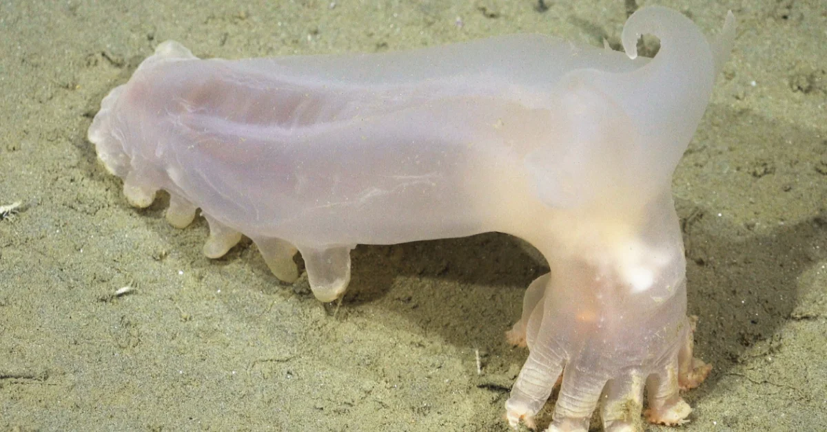 A translucent, pale sea creature with a rounded body and trailing tentacles rests on sandy seafloor.