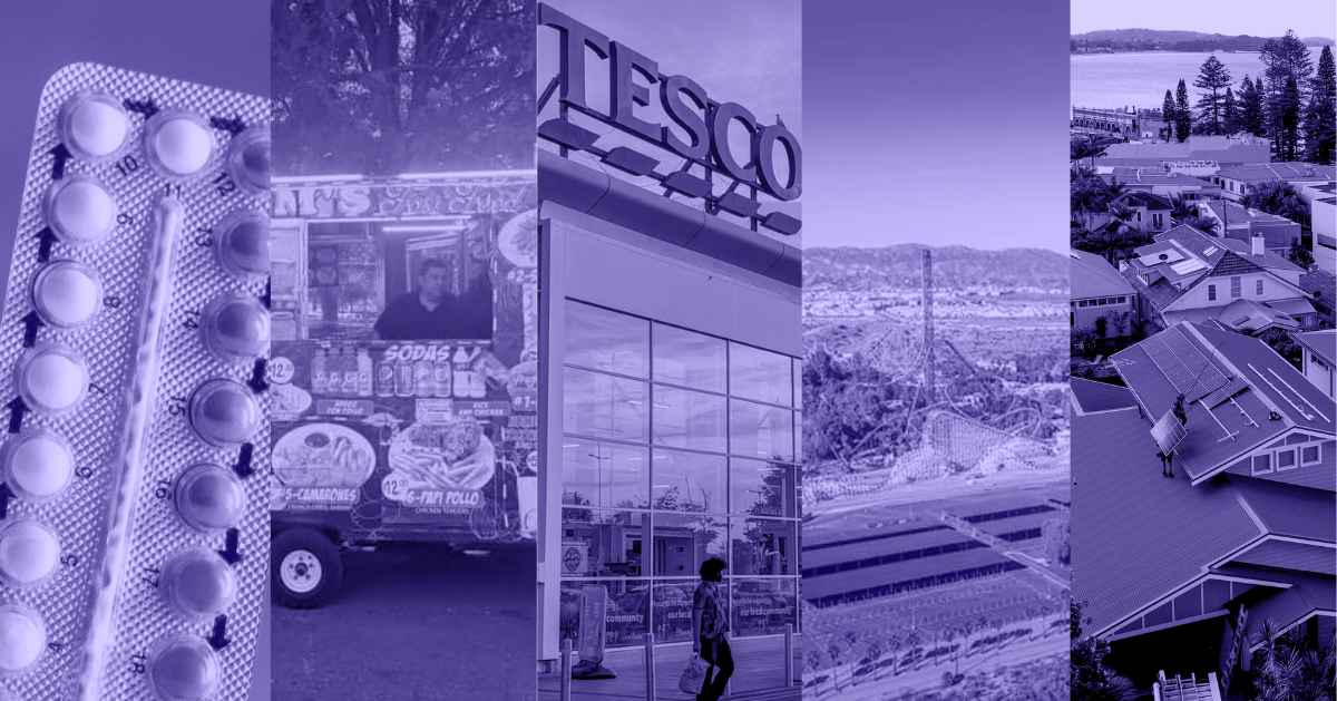 A photo collage of a tab of pills, a man inside a food truck, a Tesco supermarket with a person walking in front of it, aerial view of Six Flags solar carport area, and an aerial view of a neighborhood showing houses' roofs