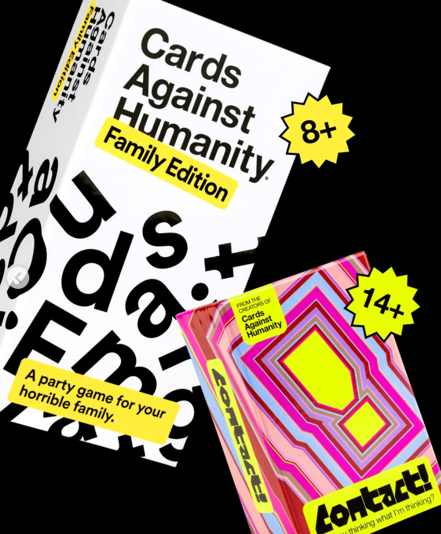 Two card game boxes displayed against a black background. Left box: "Cards Against Humanity Family Edition," marked "8+," with tagline "A party game for your horrible family." Right box: "Cards Against Humanity," marked "14+," with colorful nested geometric design.