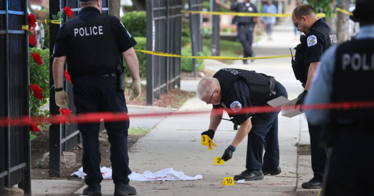 Police officers place numbered evidence markers on a sidewalk near a white sheet covering an object, with yellow crime scene tape visible and red flowers on a nearby fence.