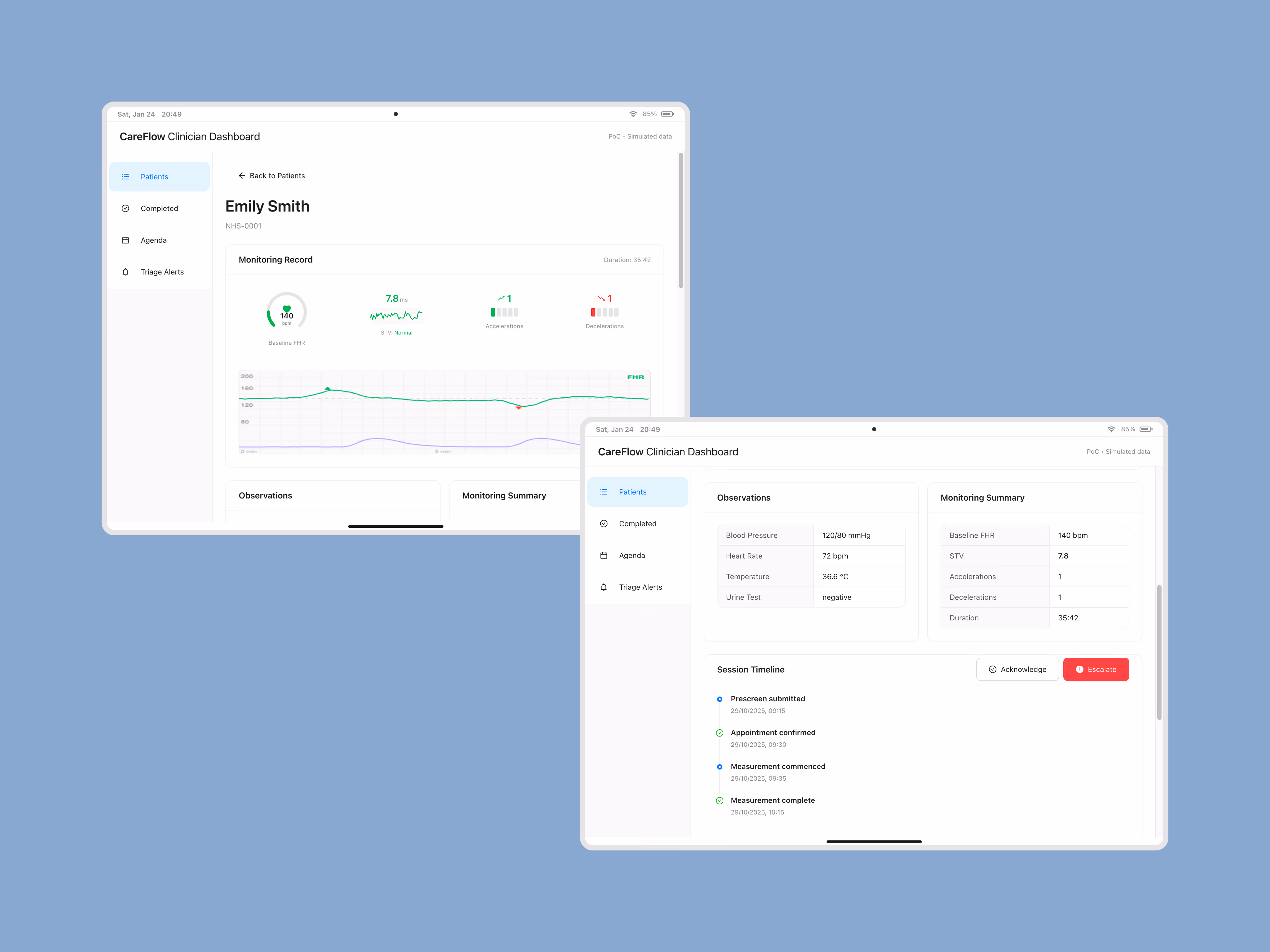 CareFlow clinician dashboard — patient detail view with observation history and alerts