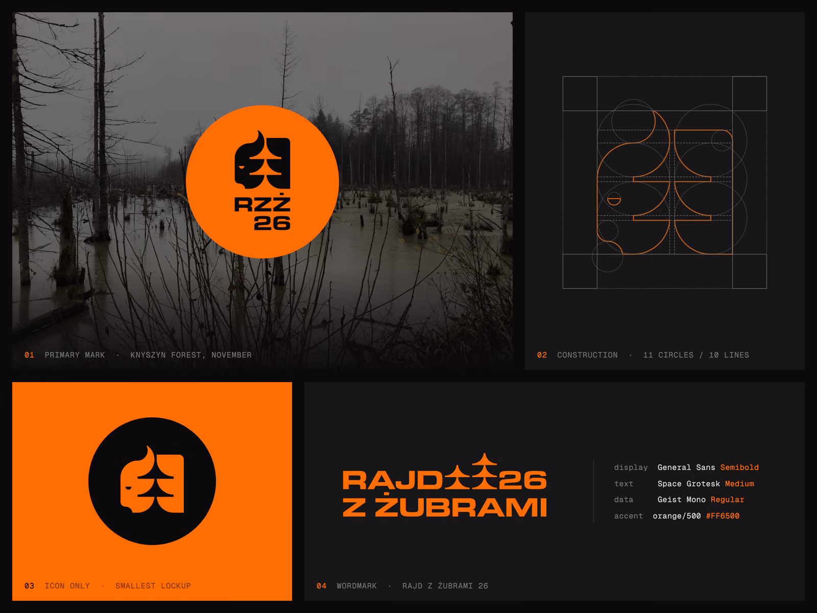Four-panel logo board: the bison mark on a photograph of the flooded Knyszyn Forest, the construction geometry behind the mark, the icon-only badge on orange, and the RAJD Z ŻUBRAMI 26 wordmark with its typefaces listed.