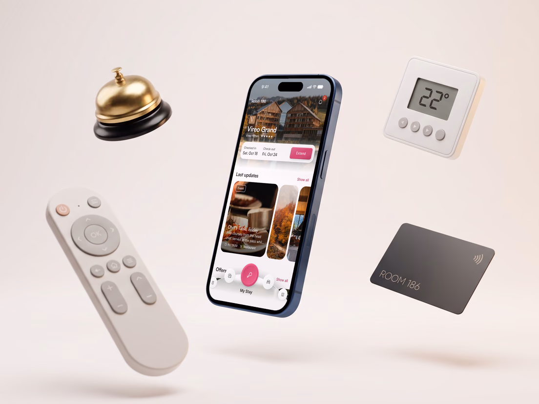 Roomside guest app on an iPhone floating among hotel-room objects: a reception bell, a TV remote, a thermostat set to 22° and a Room 186 key card. The phone shows the My stay screen.