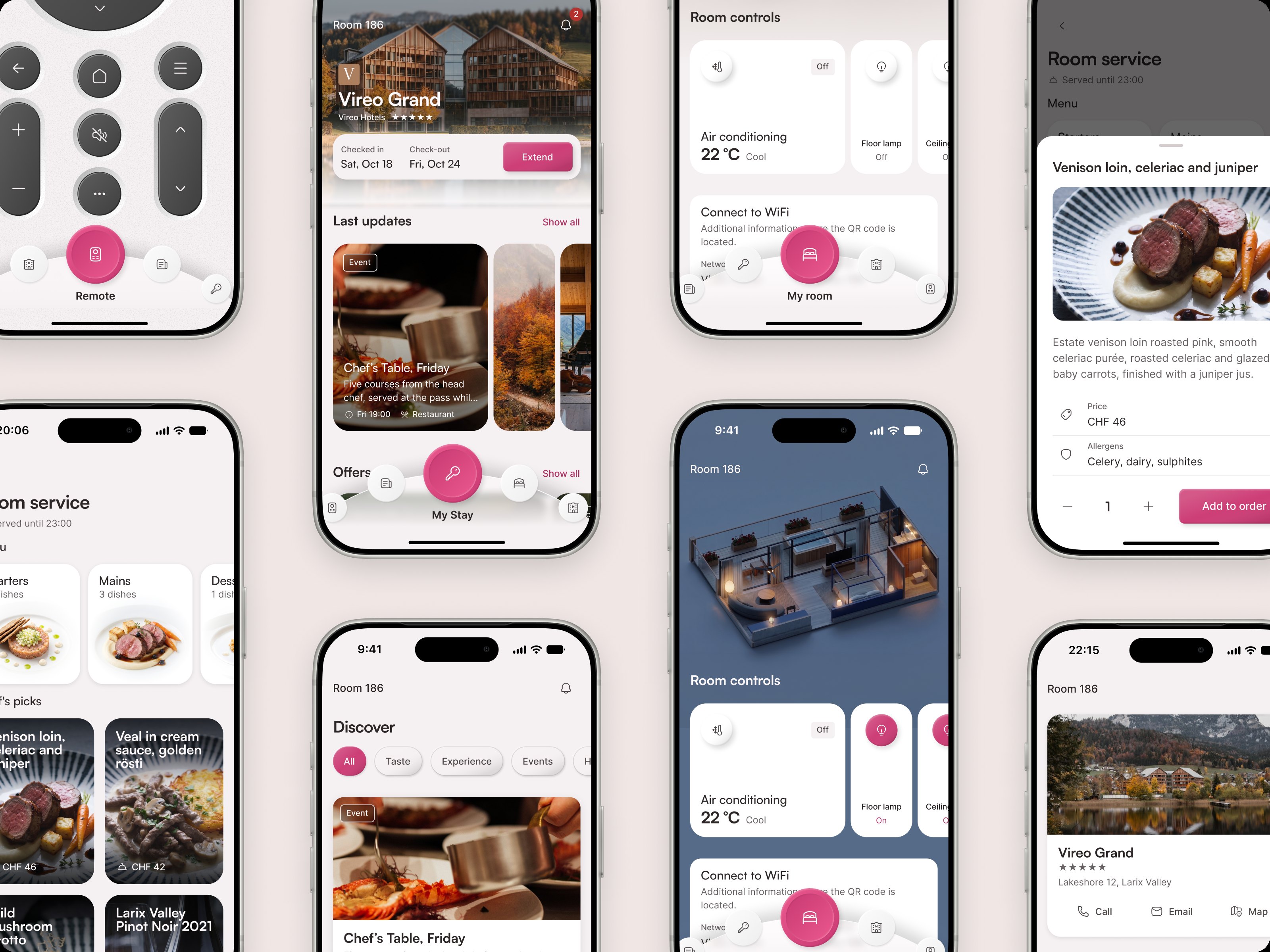 Ten iPhone screens of the guest app: My stay, My room by day and by night, the TV remote, the room service menu and a dish, hotel A to Z, Discover and onboarding.