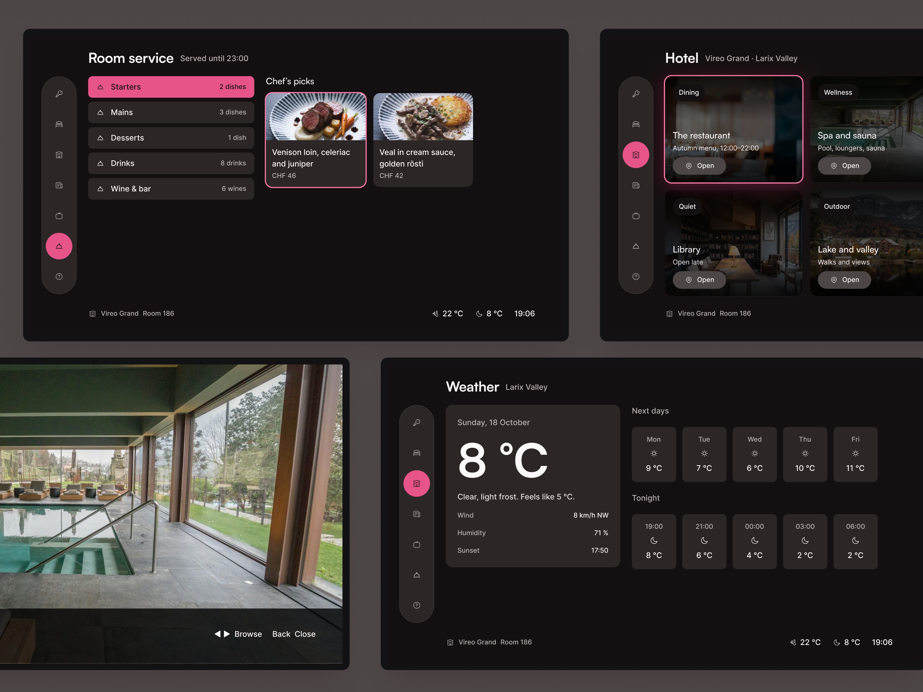Four room TV screens: the room service menu, the hotel home, a spa pool gallery and the weather.