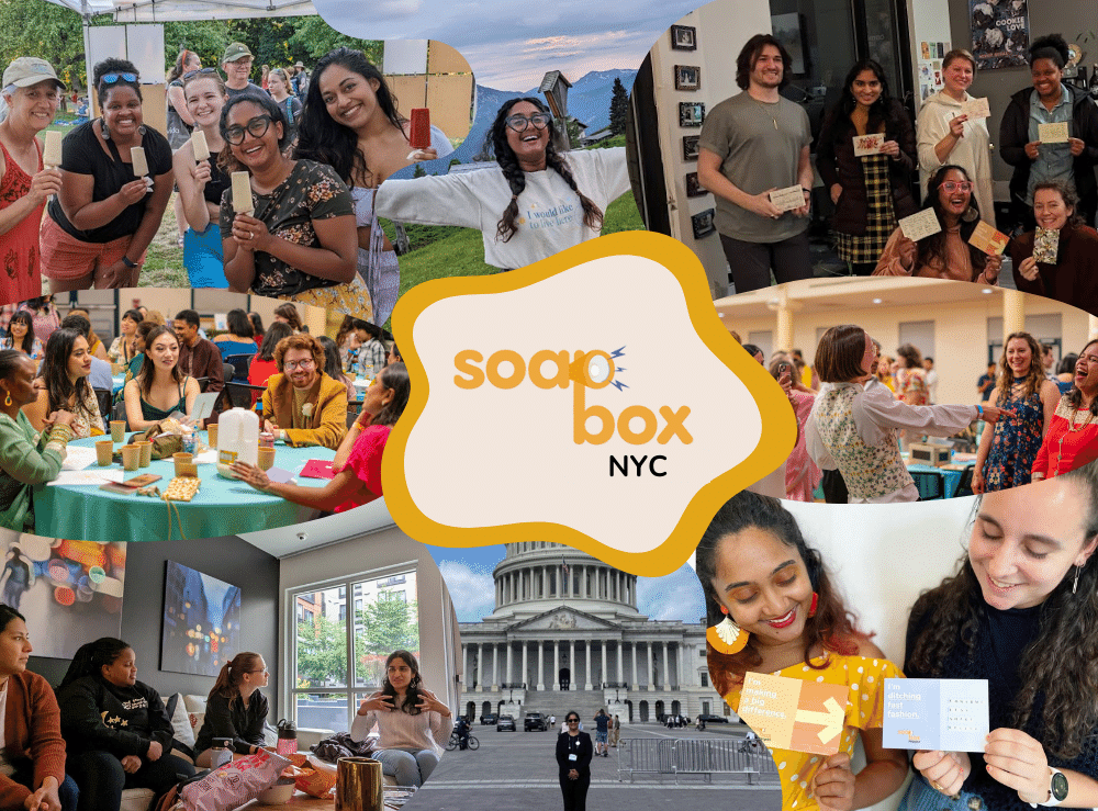 A joyful collage of Soapbox members taking action together
