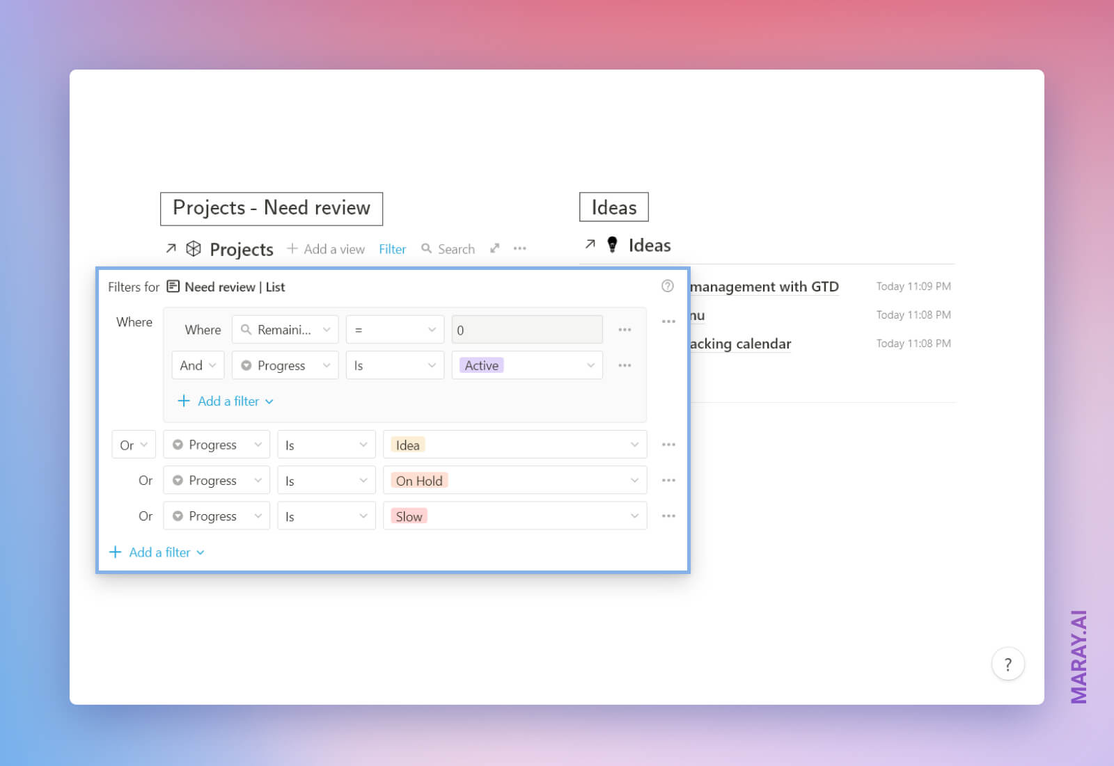 Projects view setup on GTD Dashboard.