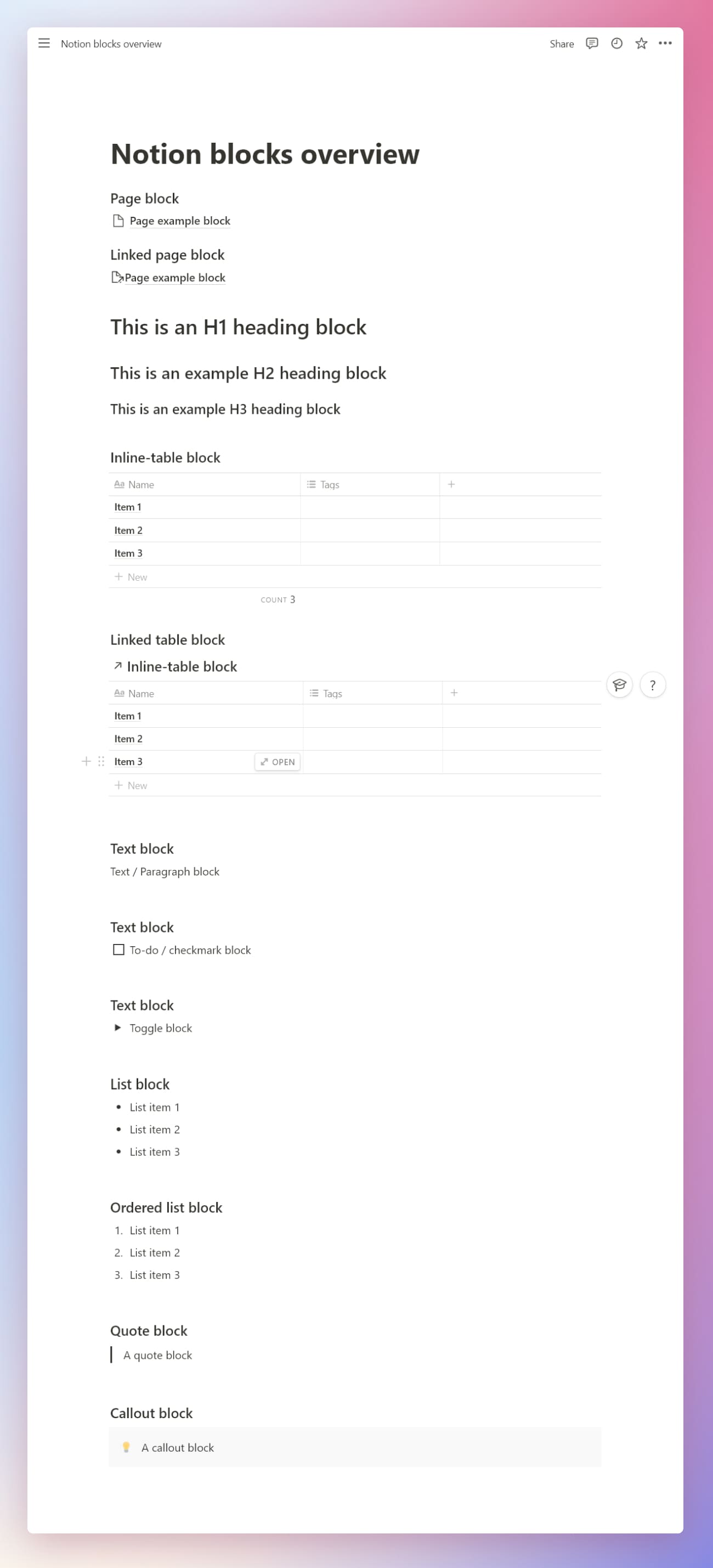 Notion blocks overview. 