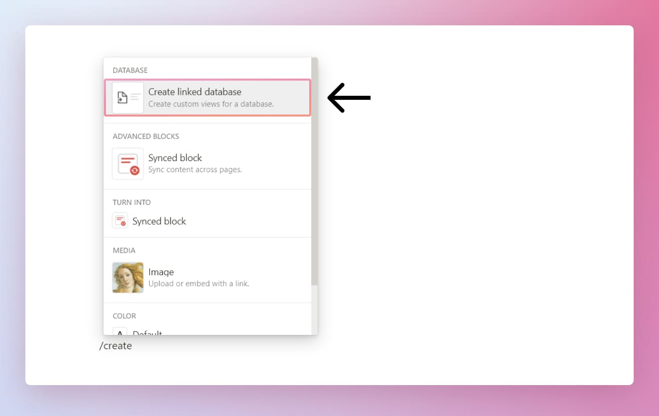 Notion tutorial how to link a database.