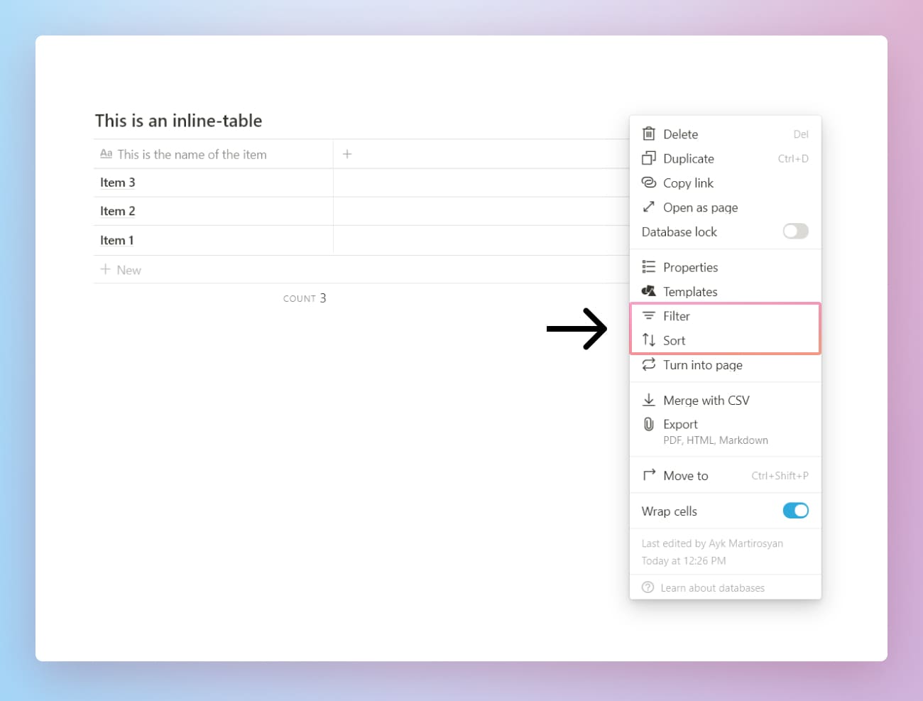 Diagram showing where to find Filtering and Sorting in Notion database.