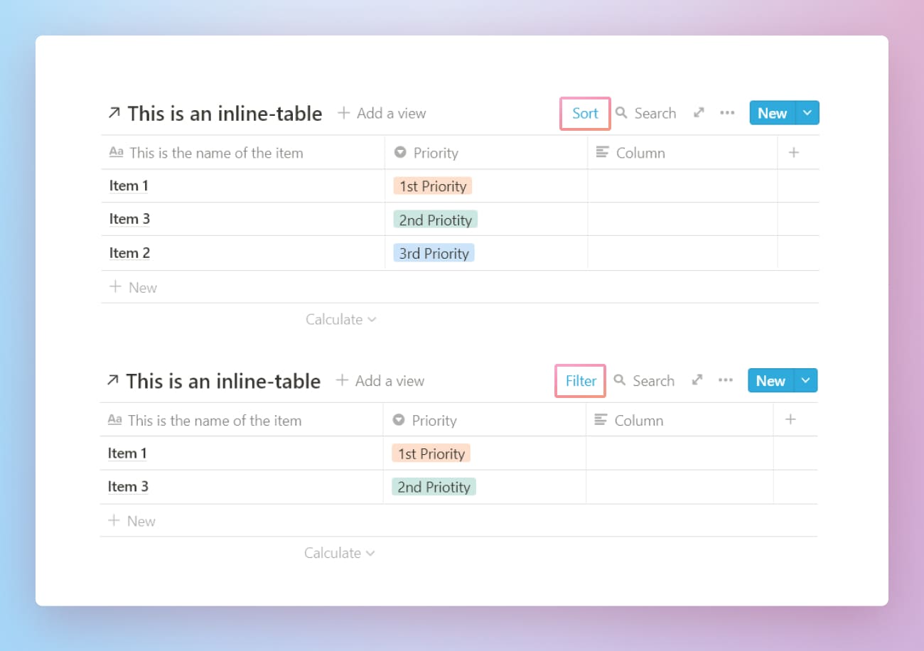 Notion database filtering and sorting.