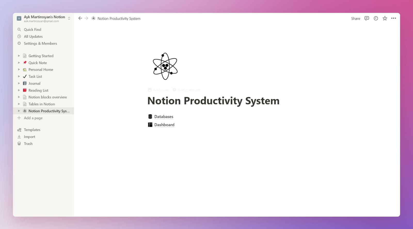 Notion beginner's productivity system main page.