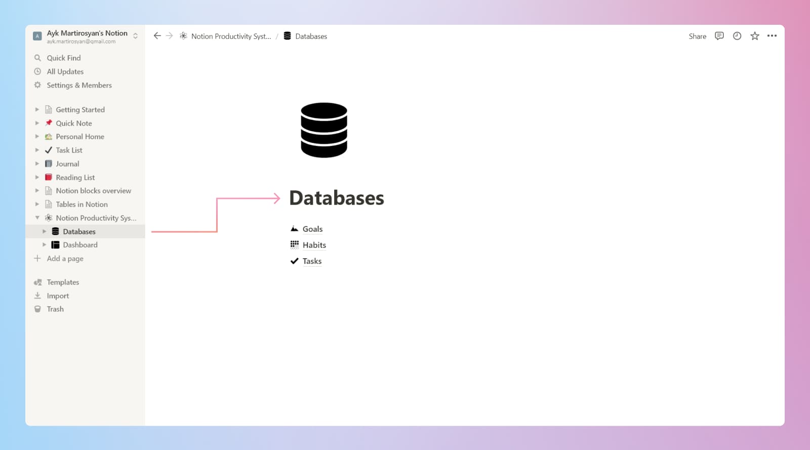 Notion beginner's productivity system databases page.