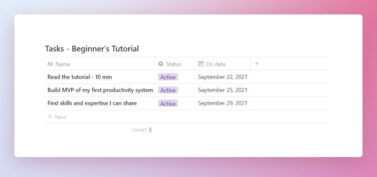 Notion beginner's productivity system tasks database.