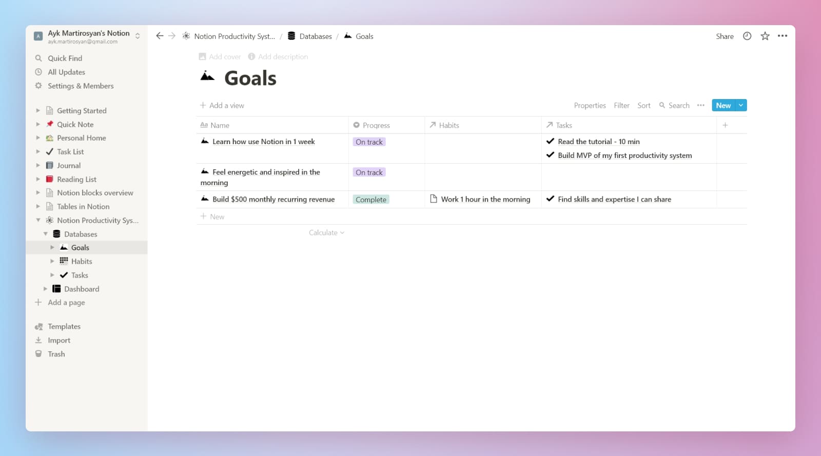 Notion beginner's productivity system goals database.