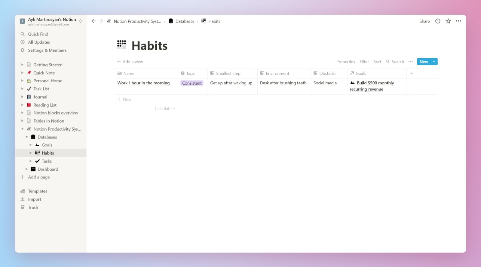 Notion beginner's productivity system habits database.