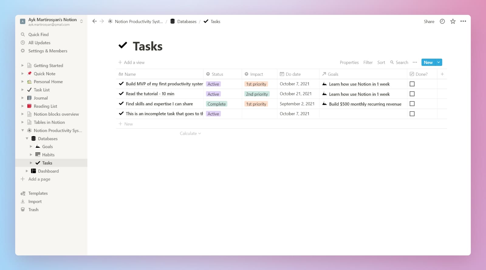 Notion beginner's productivity system tasks database.