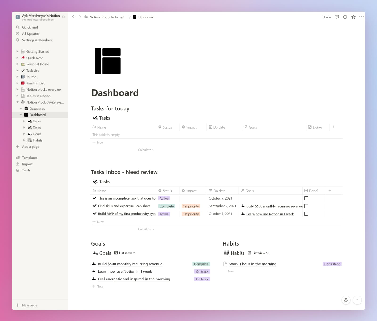 Notion beginner's productivity system dashboard.