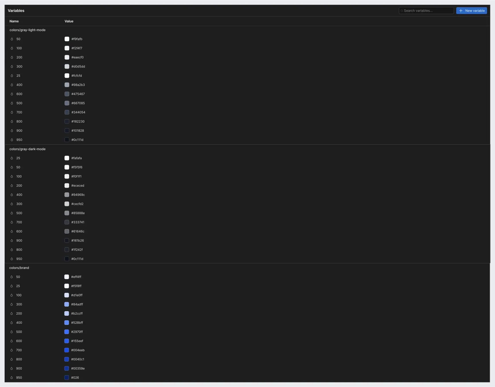 Primitive color variables imported from Figma into Webflow.