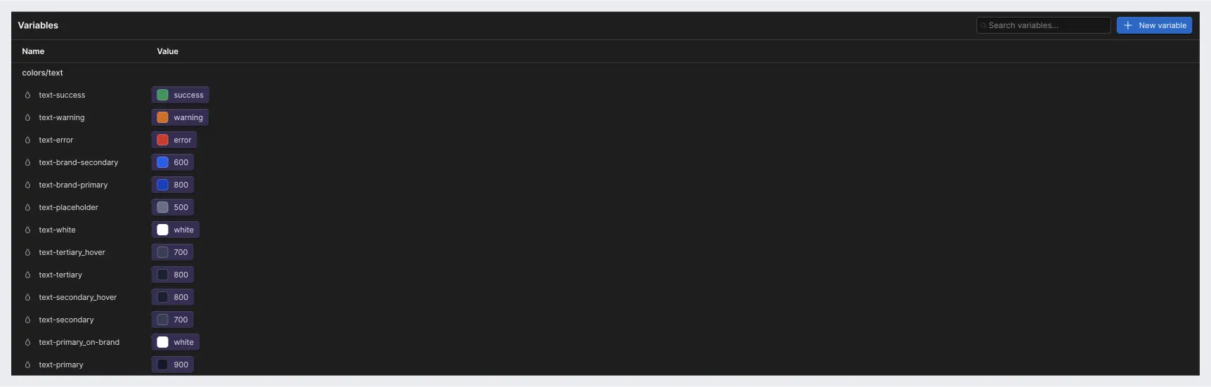 Text color tokens (variables) imported from Figma into Webflow.