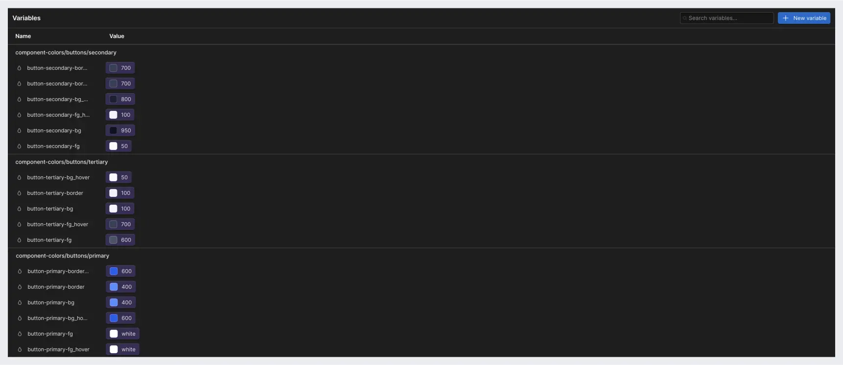 Button color tokens (variables) imported from Figma into Webflow.