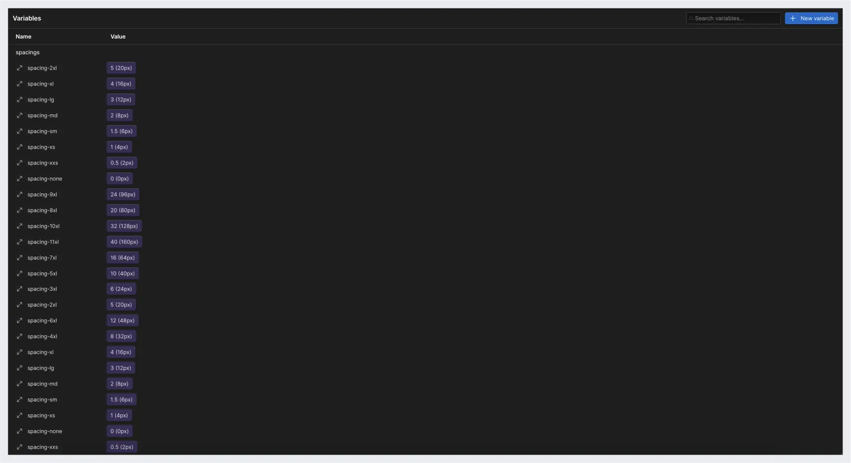 Spacing tokens (variables) imported from Figma into Webflow.