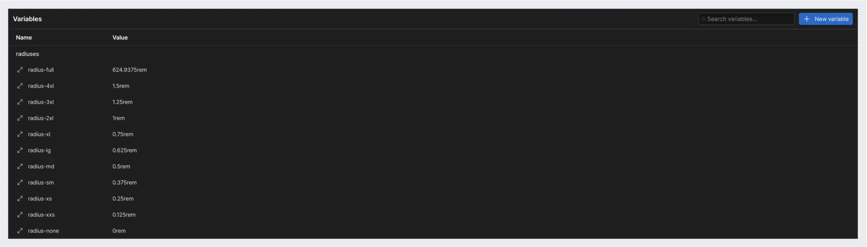 Radius variables imported from Figma into Webflow.