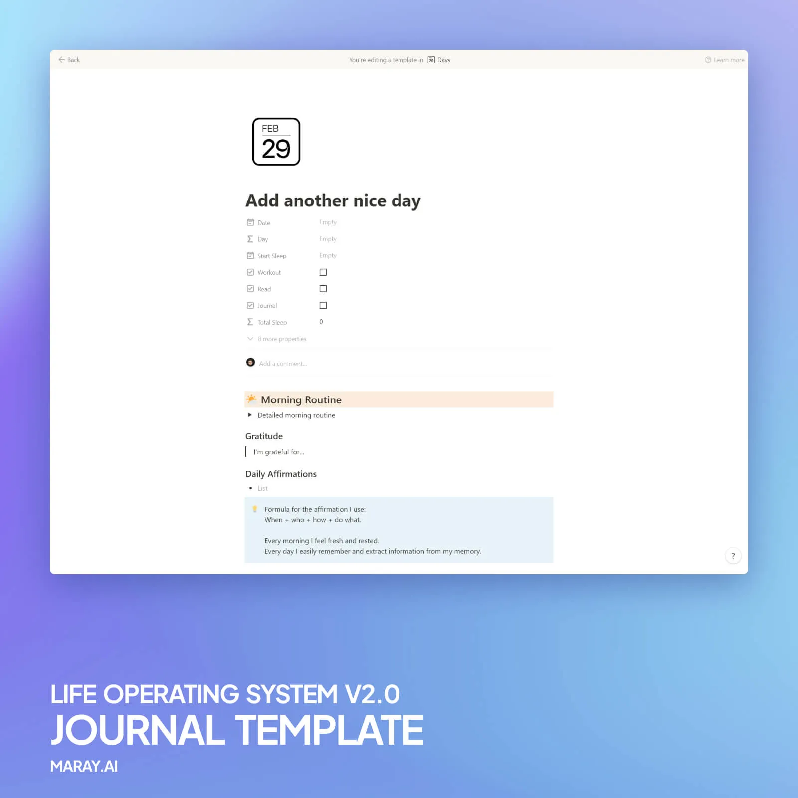 Screenshot of my journaling template in Notion.