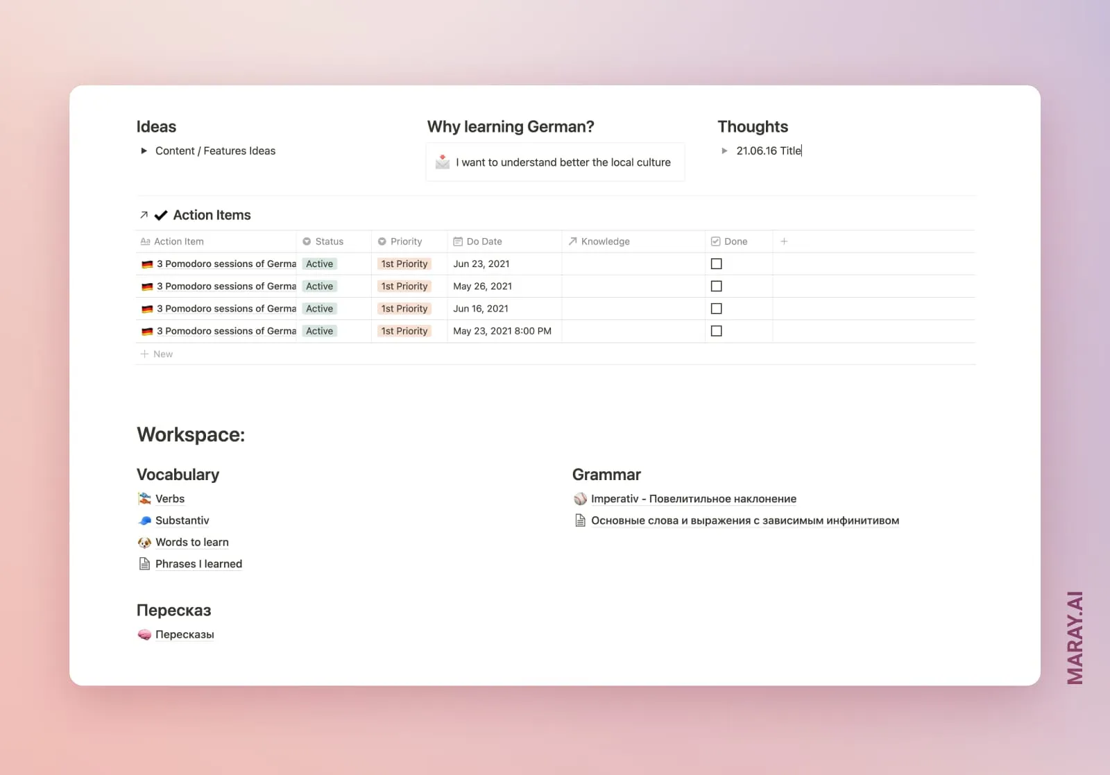 The workspace dedicated to learning German. Have to improve the consistency.